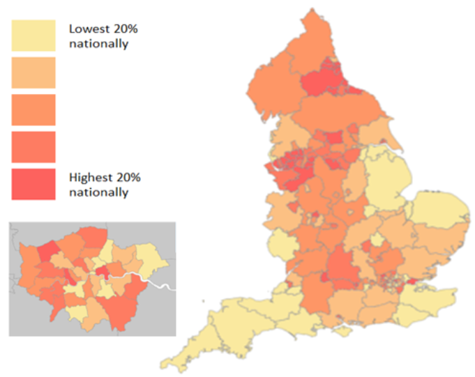 Map showing the highest rates of COVID deaths in care homes happening in London, the North West and the North East