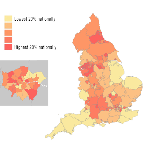 Map showing where there have been the most deaths in care homes reported per 1,000 beds in England. The highest 20% are mostly in the North East, North West and London.