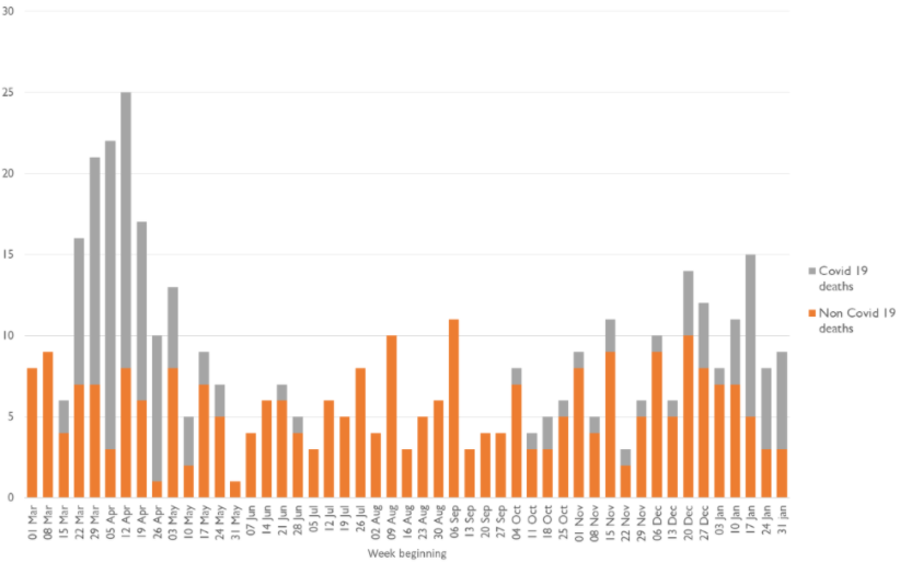 Chart showing the impact of the first and second waves in excess deaths of MHA patients. It shows a smaller rise in the second wave.